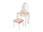 White and pink wooden toy vanity table with mirror, stool, and play accessories.