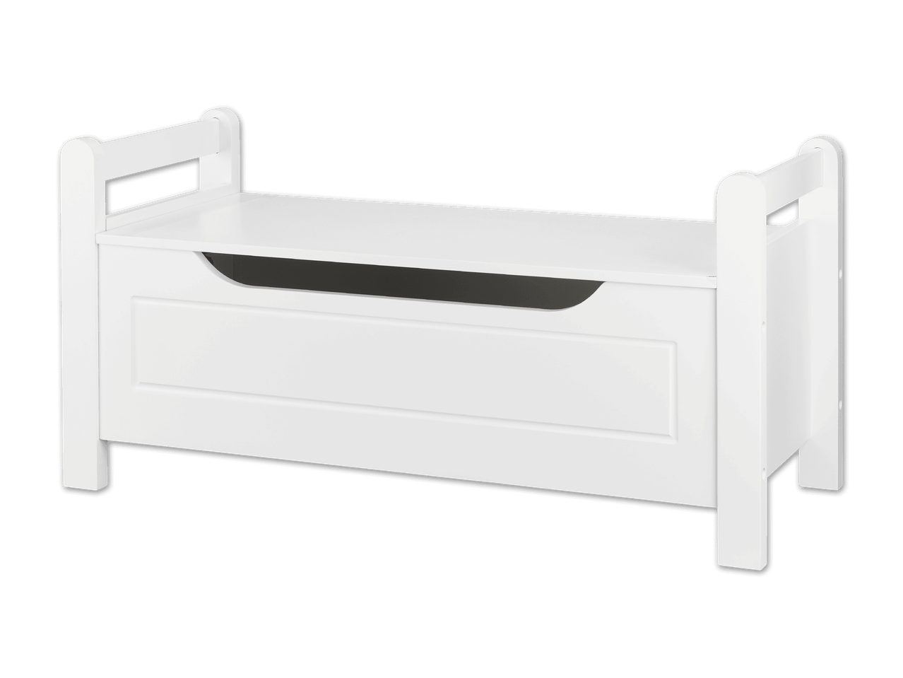 Weiße Spielzeugkiste mit Sitzbank und Rückenlehne