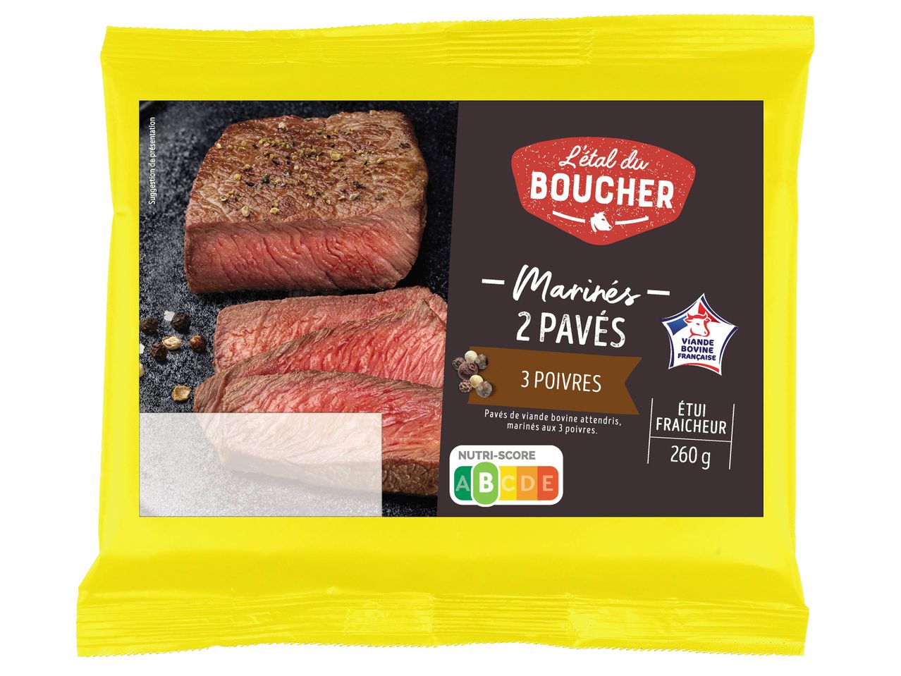 L'étal du Boucher : 2 pavés de bœuf marinés aux 3 poivres.