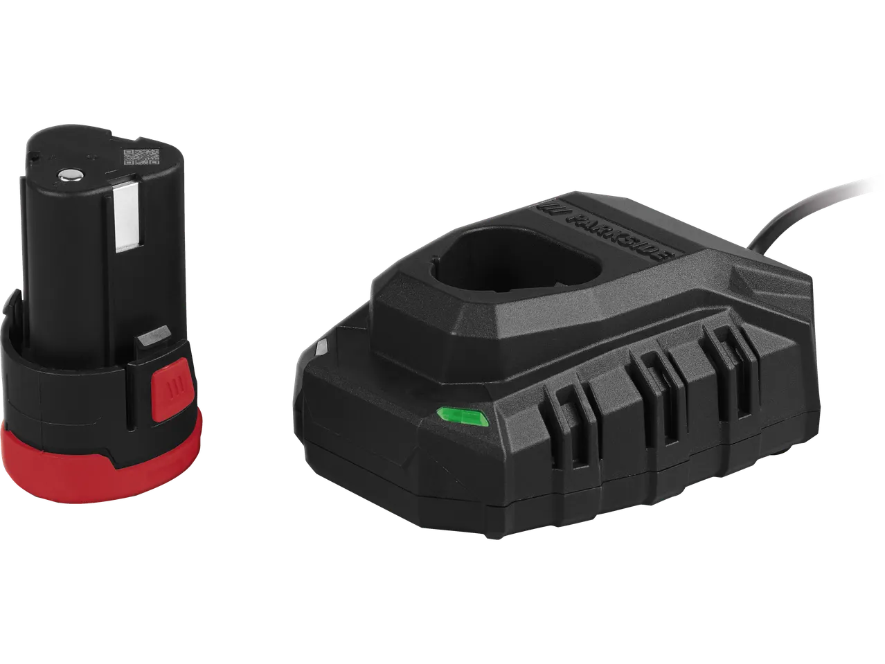 Fekete töltő zöld LED-del és fekete-piros akkumulátor.