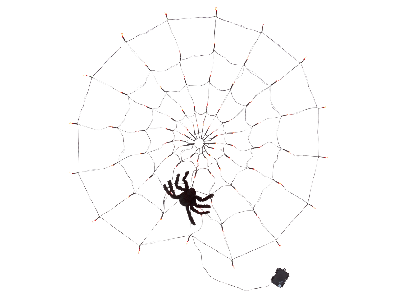 Halloween spider web decoration with orange lights and a large spider.