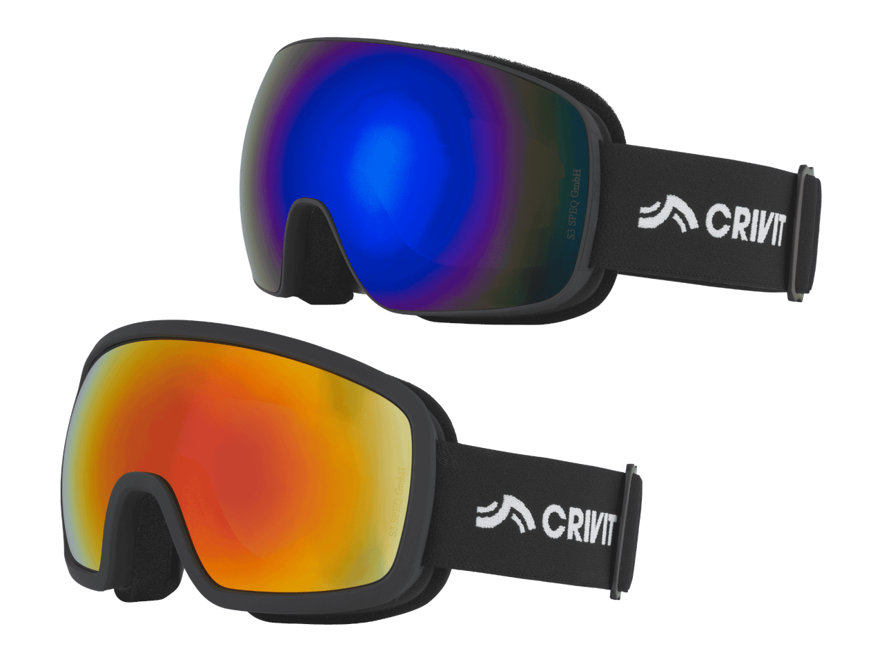 Kaksi CRIVIT-laskettelulasia, joissa on siniset ja oranssit peililinssit.