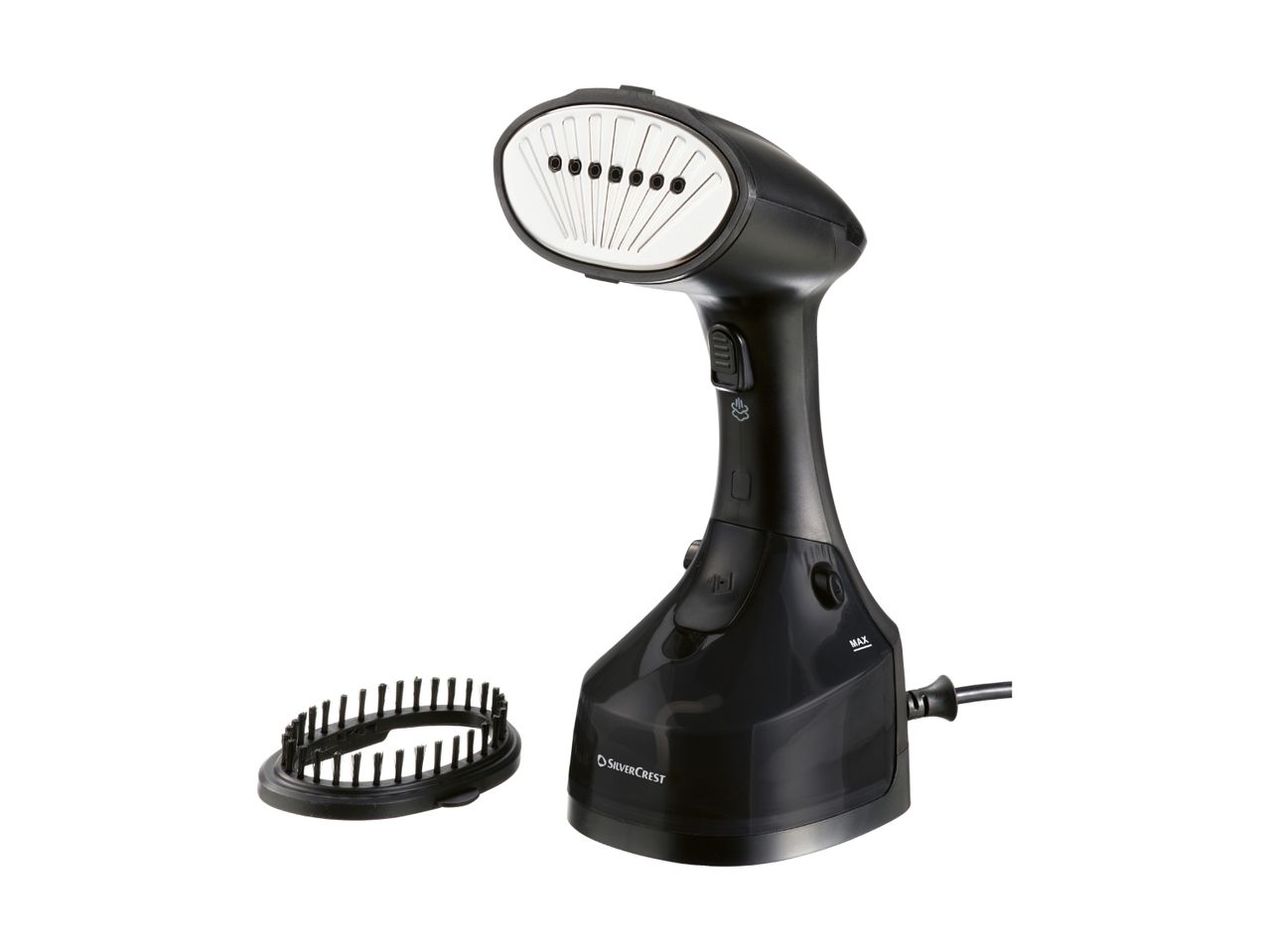 Black handheld garment steamer with a brush attachment on a white background.