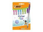 Pack of 8 colorful ballpoint pens with bold writing, 100% recyclable cardboard packaging.