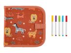 Children's drawing book with safari animals and five colorful markers.
