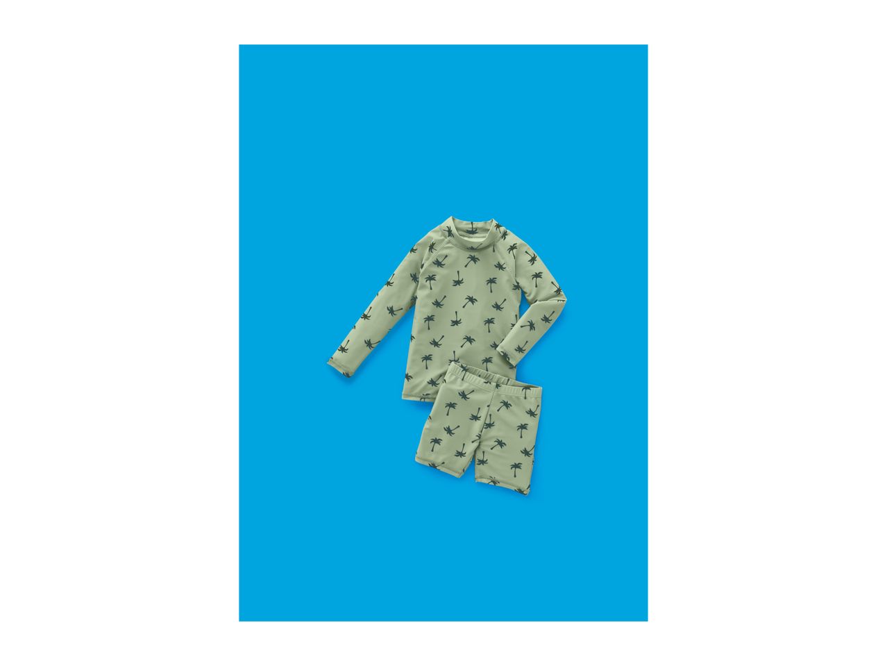 Kids' long-sleeve rash guard and swim shorts set with palm tree print.