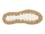 Bottom view of a beige and white shoe sole with a textured tread pattern.