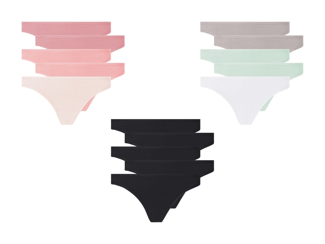 Drei Sets mit je drei Stringtangas in Pastellfarben und Schwarz.