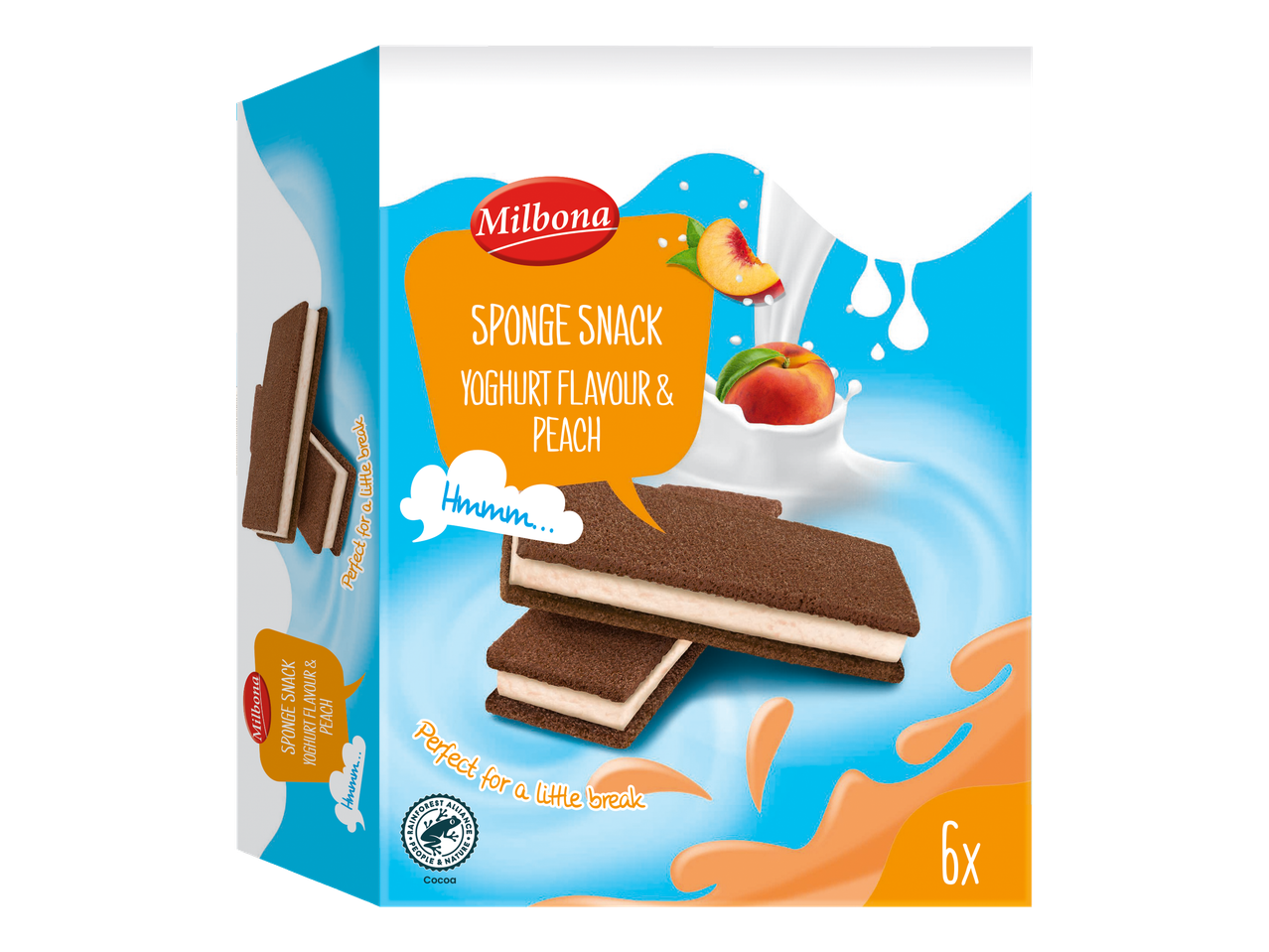 Milbona Sponge Snack cu aromă de iaurt și piersică, 6 bucăți pe ambalaj.