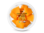 Verse cantaloupe meloenblokjes in een bakje, met voedingsinformatie en Nutri-Score A.