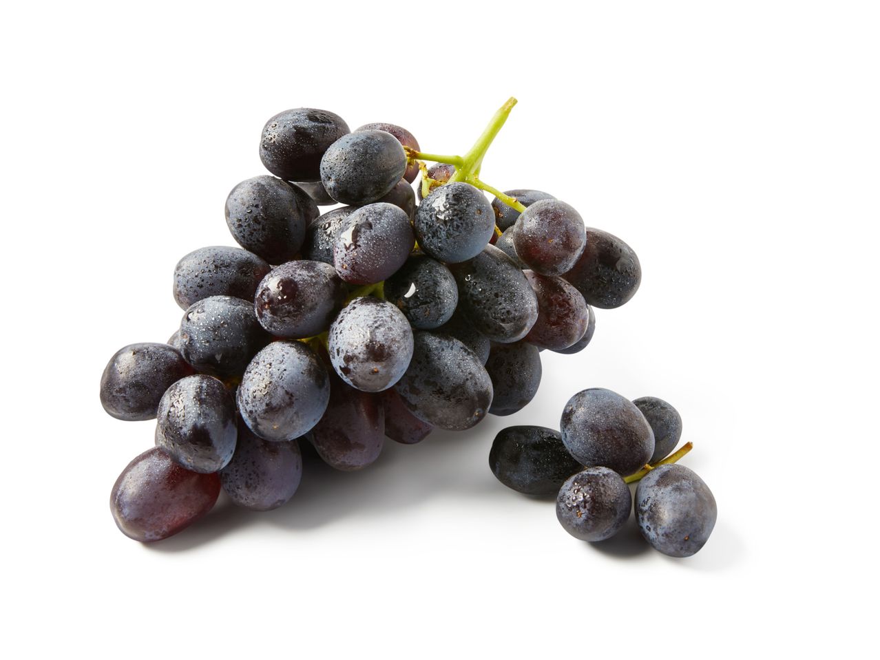A bunch of dark purple grapes with water droplets on a white background.