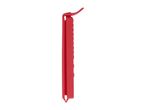 Red plastic bag clip, side view