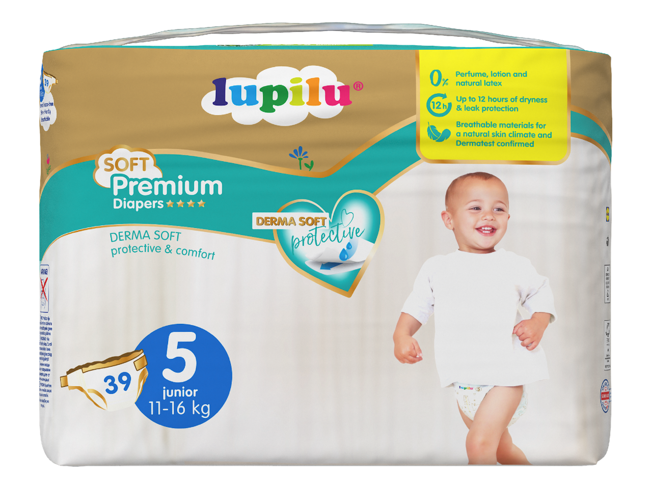 Опаковка пелени за бебета с надпис „Soft Premium Diapers“, размер 5 (11-16 кг), 39 броя.
