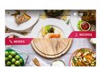 A culinary app interface with food images, including fish, chicken, and vegetables.