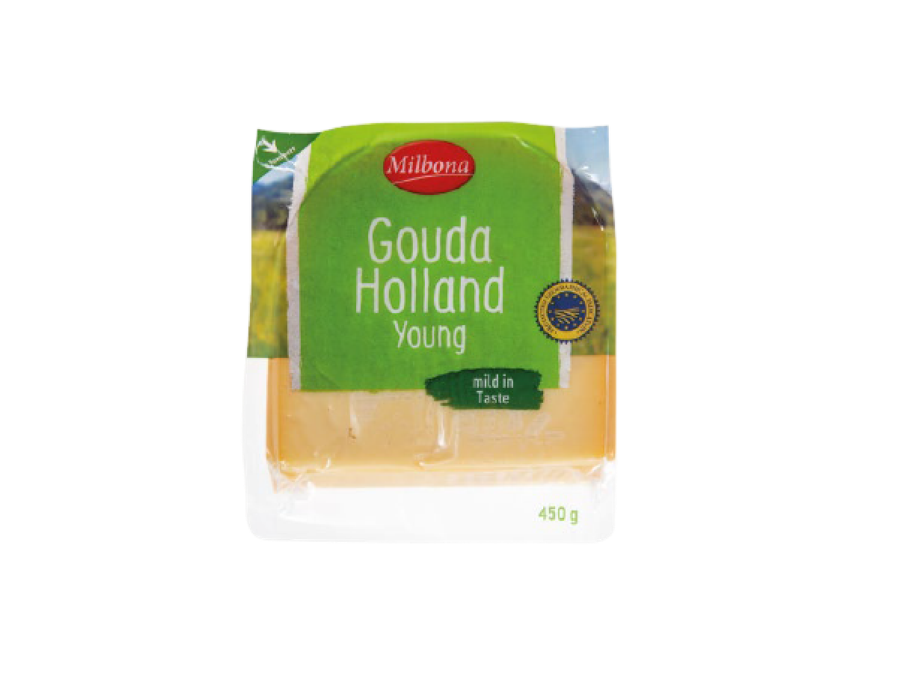 Queijo Gouda Holandês Jovem, embalado, com 450g e sabor suave.