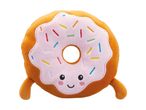 A plush donut toy with pink frosting, colorful sprinkles, and a smiling face