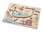 Wooden farm animal puzzle with cow, horse, pig, sheep, donkey, rooster, ducks, dog, and cat.