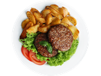 Hamburgers, potato wedges, and salad.