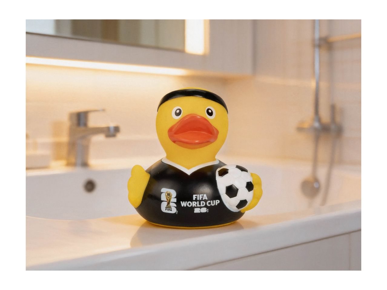 Rubber duck in a football jersey holding a soccer ball, on a bathroom counter.