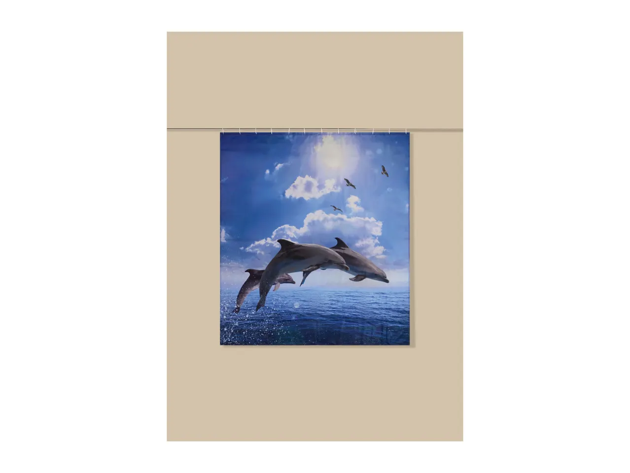 Shower curtain with a vibrant blue ocean scene featuring jumping dolphins and flying birds.