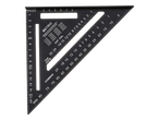 Crni mjerni kutnik s metričkim i rafter tablicama, te oznakama za rezanje i stupnjeve.