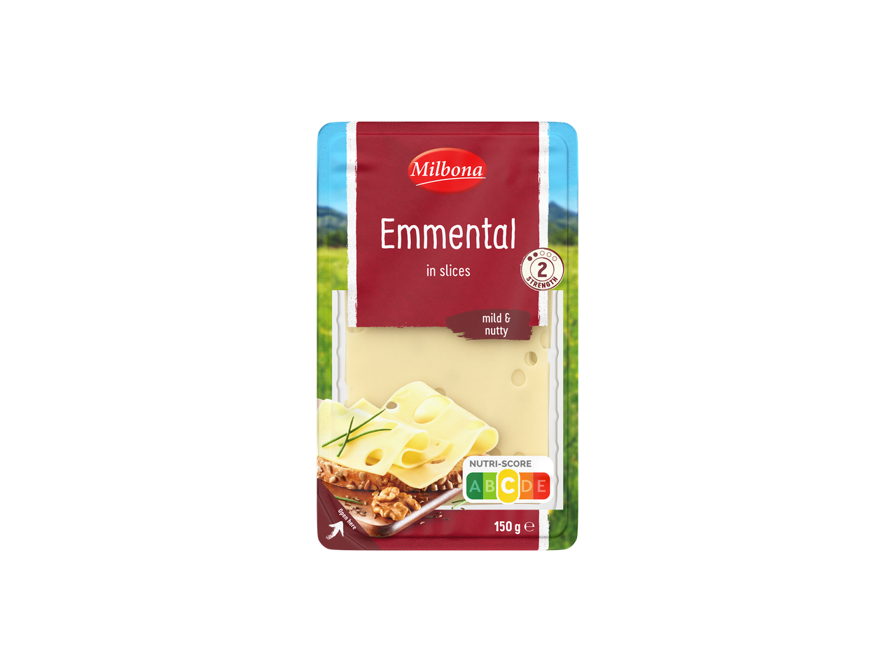 Опаковка Milbona Emmental на филийки, мек и орехов вкус, 150 г.