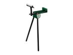 Green and black roller stand with adjustable height and support for woodworking.
