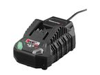 A black battery charger with a power cord and indicator lights.