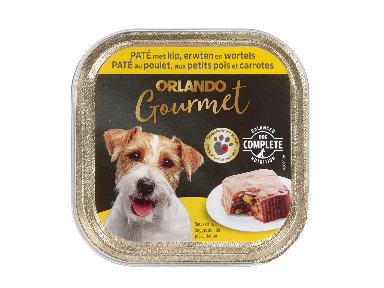 Pâté pour chien Orlando Gourmet au poulet, petits pois et carottes.