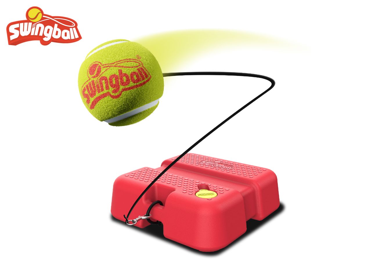 A tennis trainer with a red base and a tennis ball attached by a black cord.