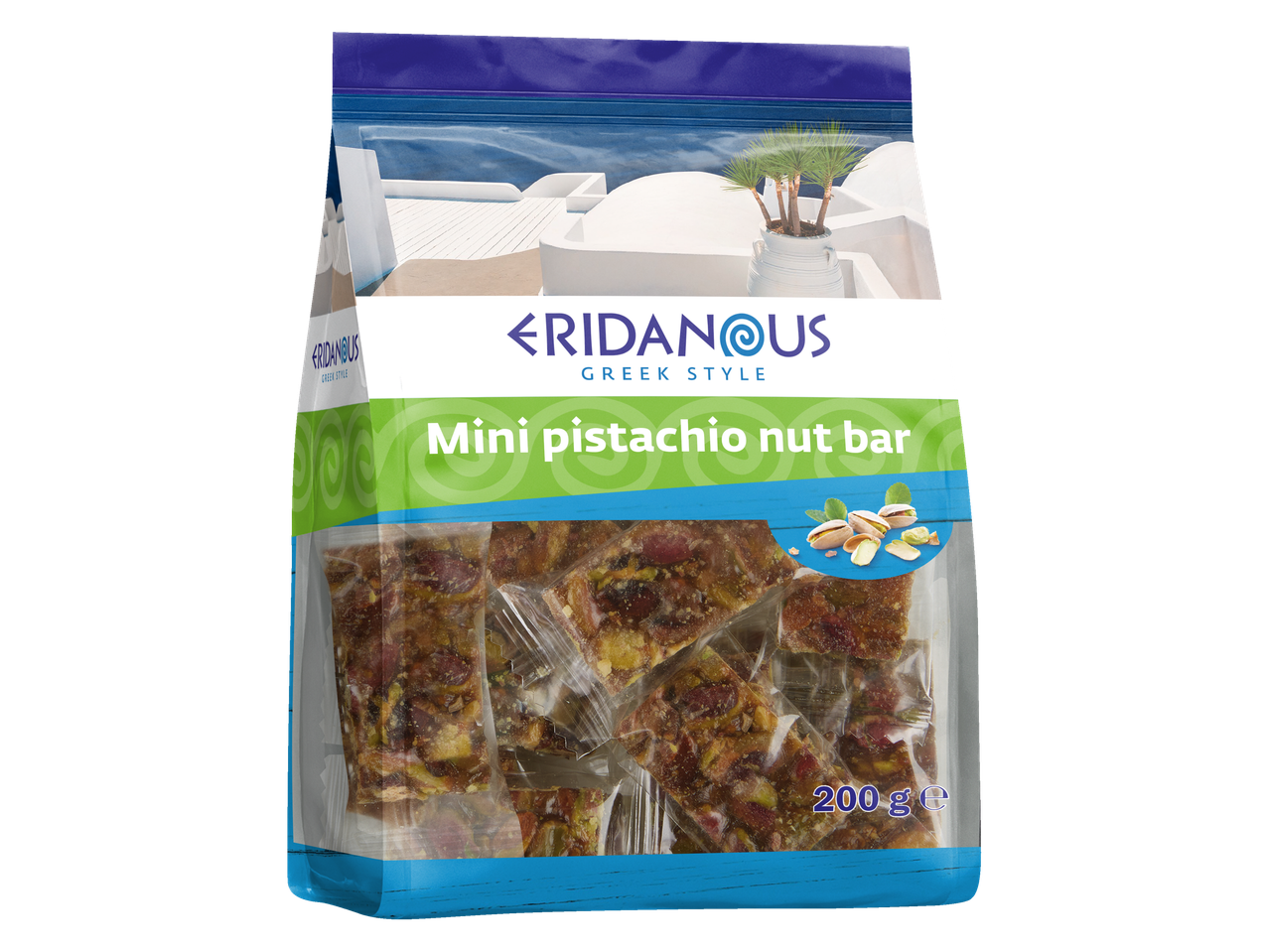 Eridanus mini pistacijų riešutų batonėliai, graikiškas stilius, 200 g.