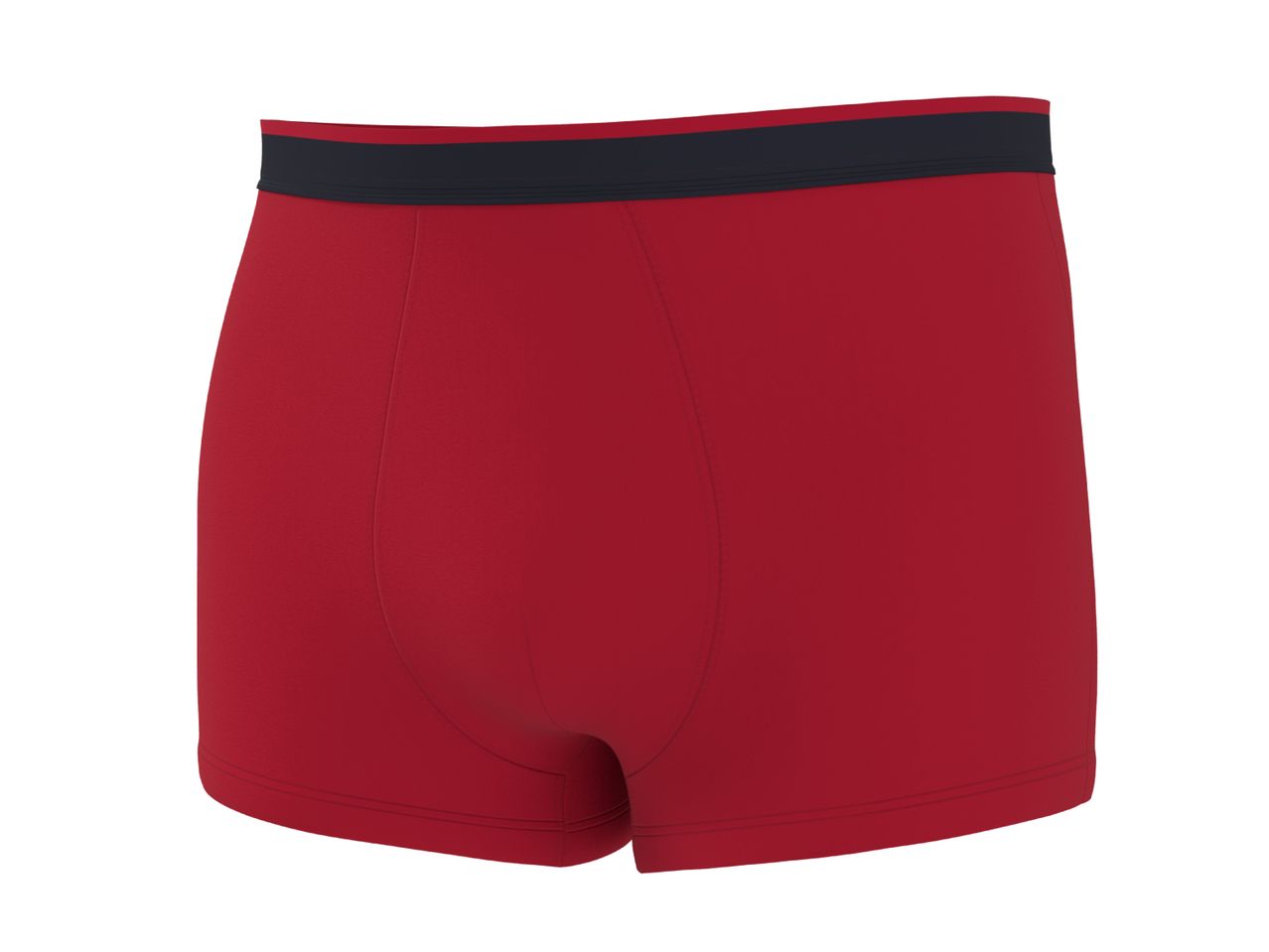 Red men's boxer briefs with a dark blue waistband, back view.