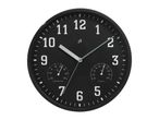 A black wall clock with white numbers, featuring temperature and humidity gauges.