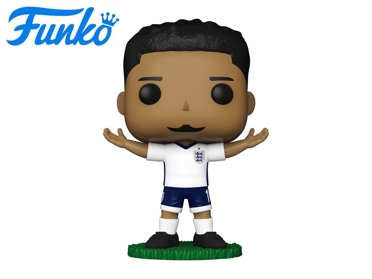 Football player figurine in a white and blue uniform with arms outstretched.