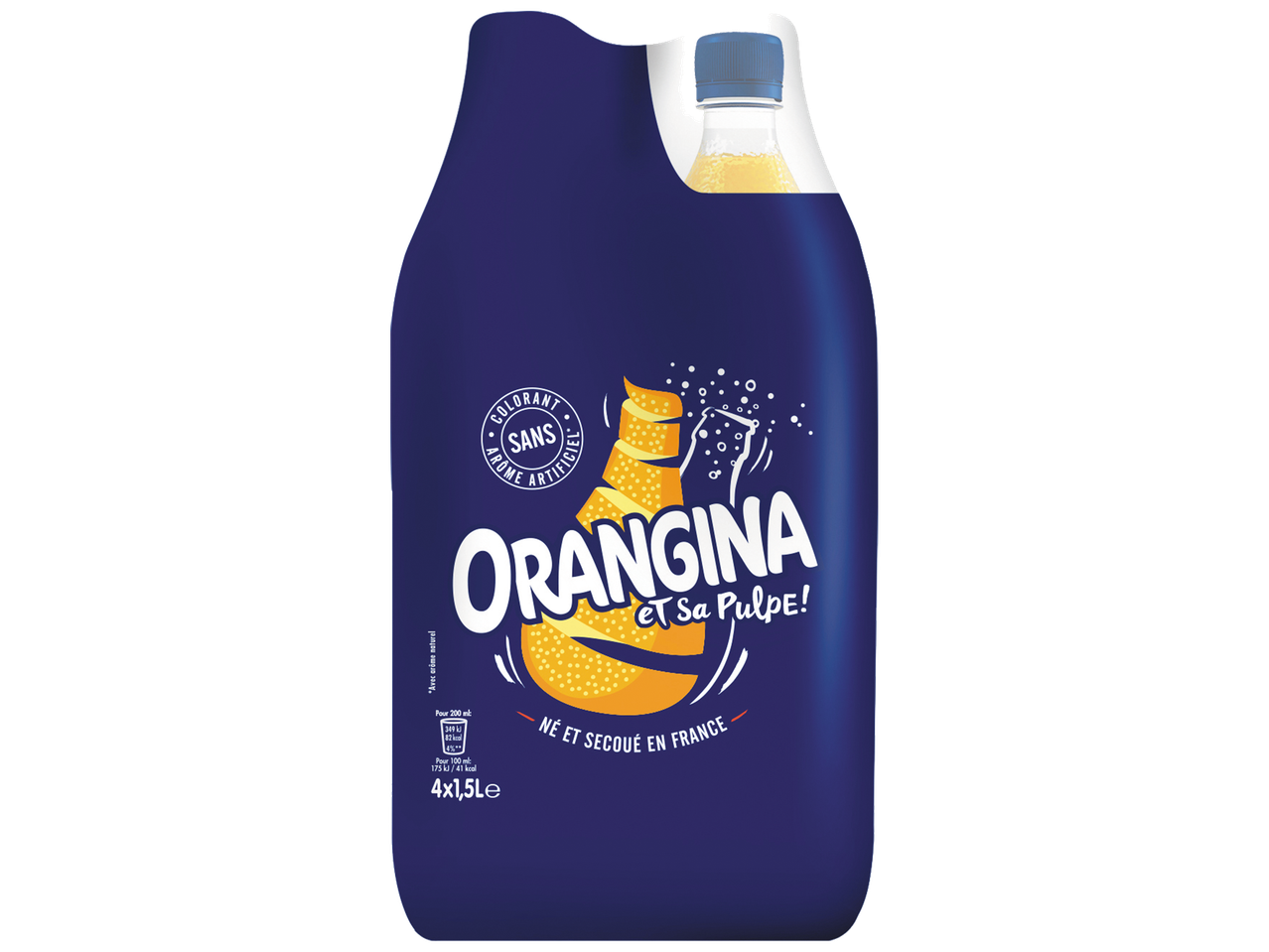 Pack de 4 bouteilles de boisson gazeuse aux agrumes avec pulpe, sans colorant ni arôme artificiel.