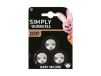 Verpakking met drie knoopcelbatterijen van het type 2032, met een roze konijn en de tekst 'BABY SECURE'.