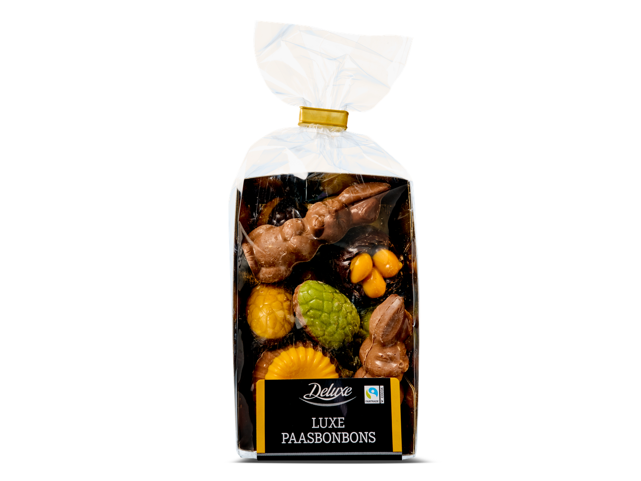 Deluxe Paasbonbons met chocoladehaasjes, eieren en andere vormen in een doorzichtige zak.