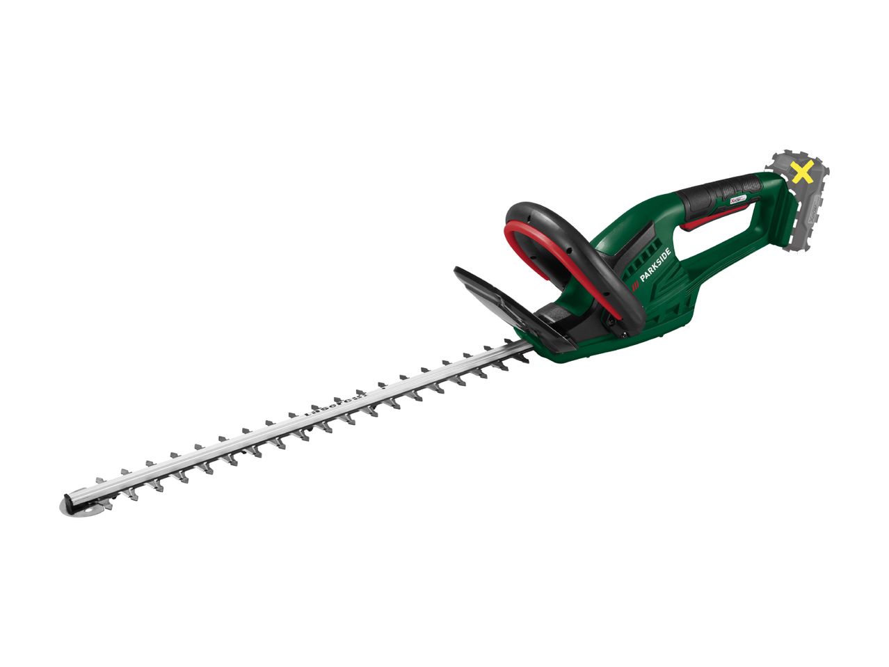 Cordless hedge trimmer with a long blade and a battery pack outline.