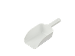Lopată albă din plastic cu mâner pe fundal negru.