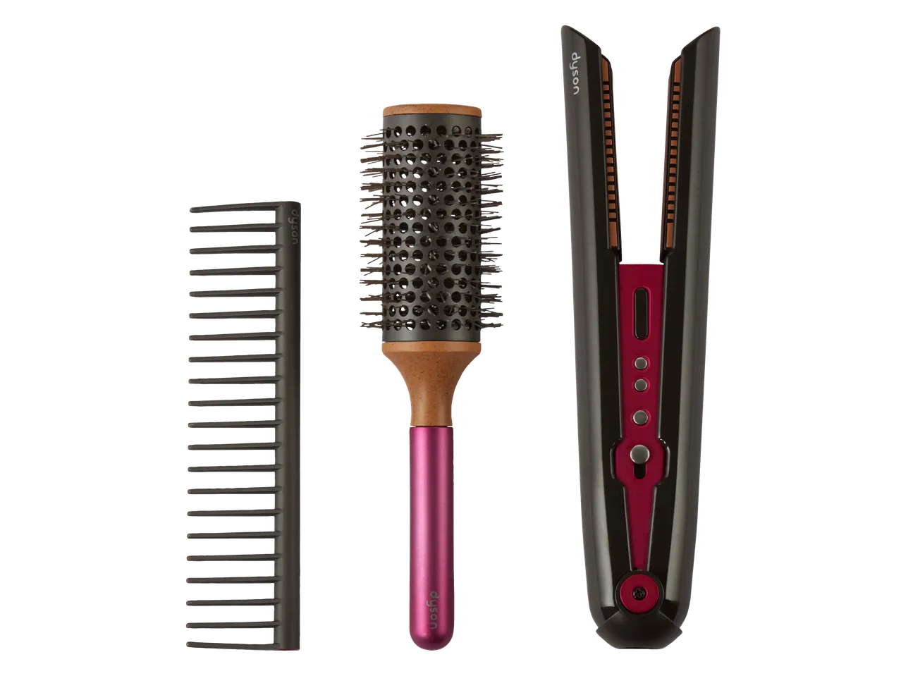 Plaukų priežiūros priemonės: plačiadantės šukos, apvalus šepetys ir plaukų tiesintuvas.