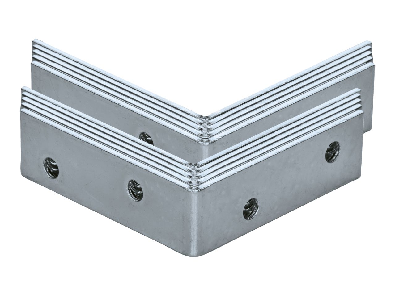 Two metal corner brackets with threaded holes