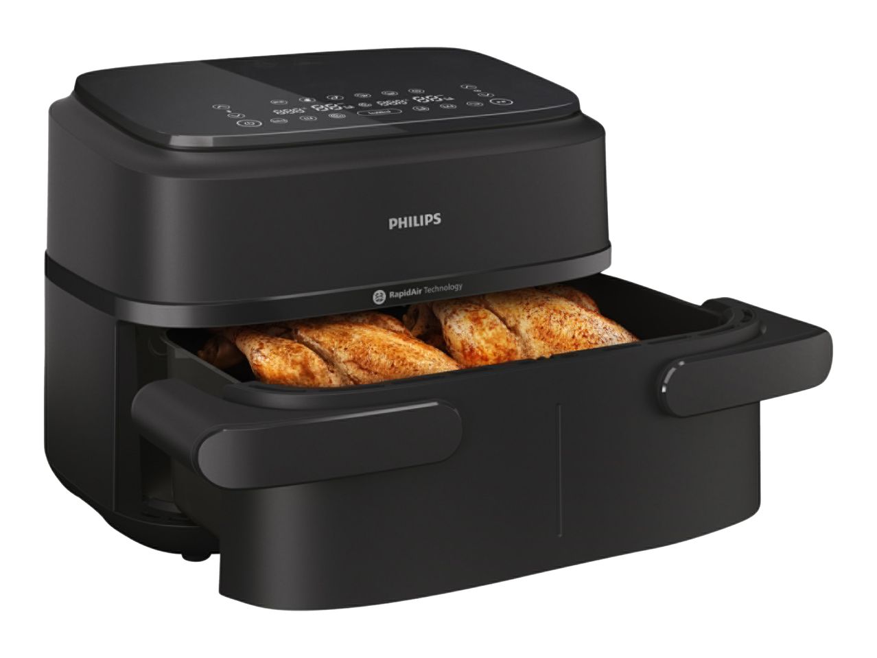 Black air fryer with a drawer pulled out, showing cooked chicken inside.