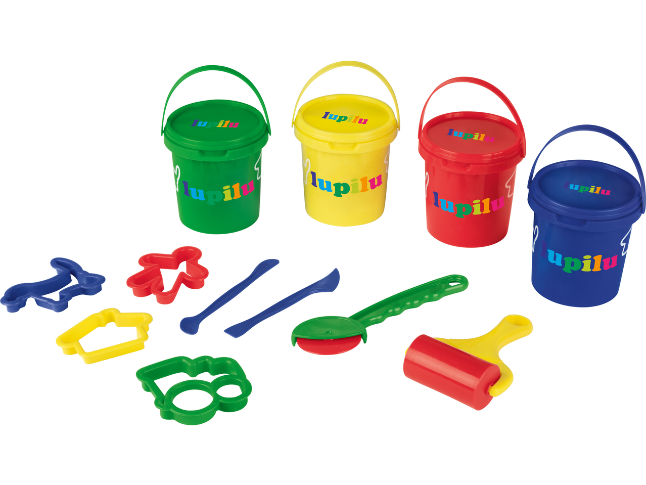 Krāsaini plastilīna spaiņi ar griezējiem un instrumentiem radošai spēlei.