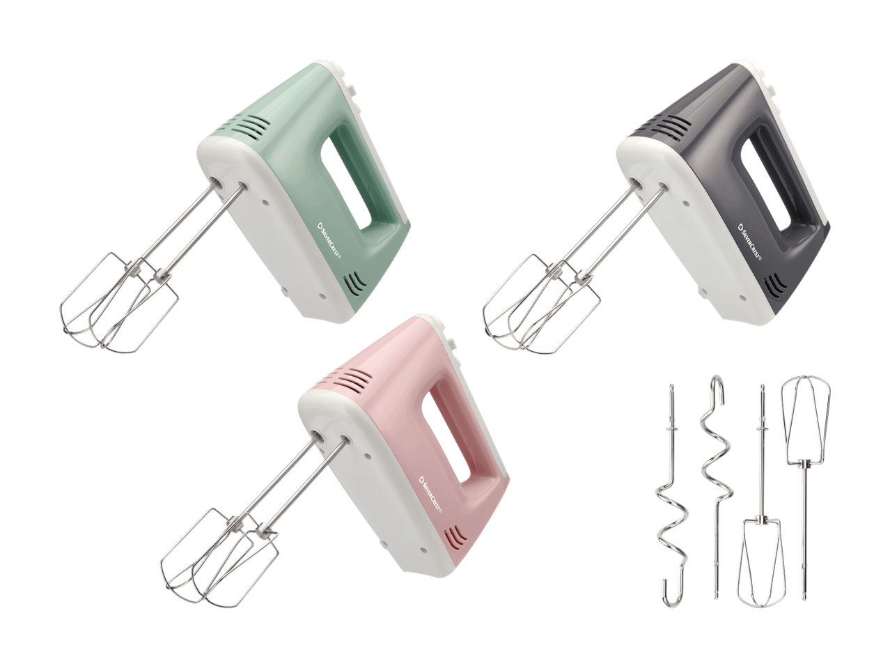 Drei Handmixer in Grün, Grau und Rosa, mit verschiedenen Aufsätzen.