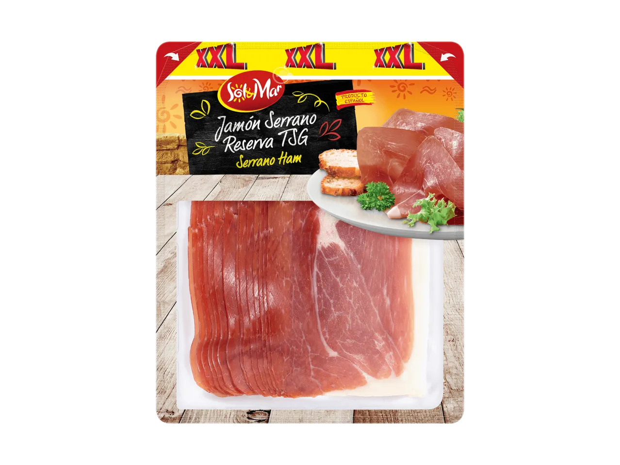 Confezione di Sol&Mar Jamón Serrano Reserva TSG (prosciutto Serrano) con fette su un piatto.