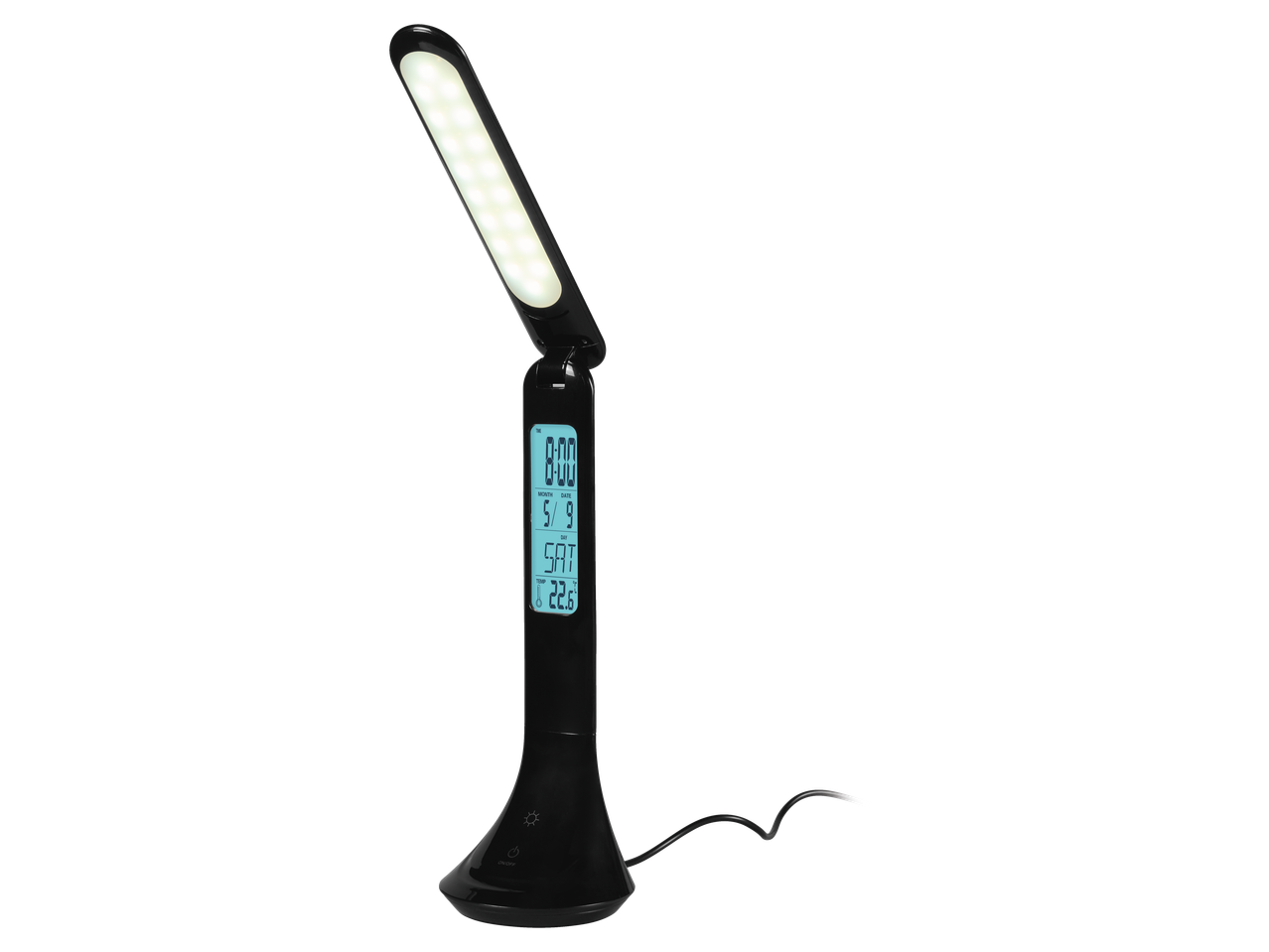 Lampă de birou LED LIVARNO HOME cu afișaj digital care arată ora, data și temperatura