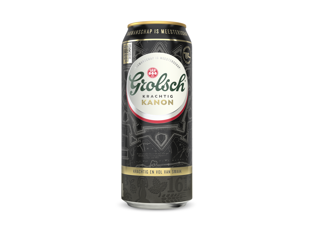 Zwart bierblikje met gouden accenten en de tekst 'KRACHTIG KANON'.