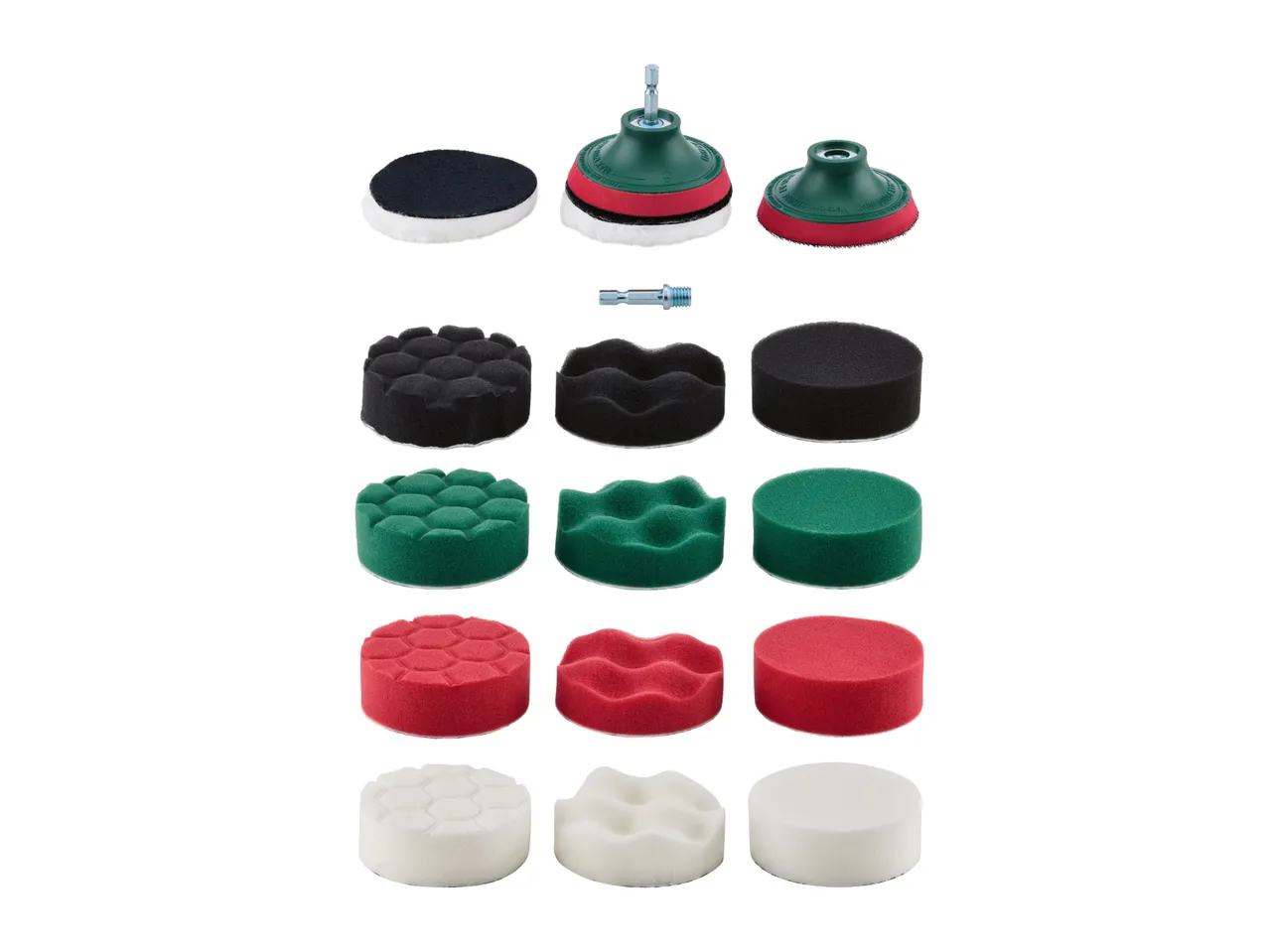 A set of polishing pads for car detailing, including various colors and textures.