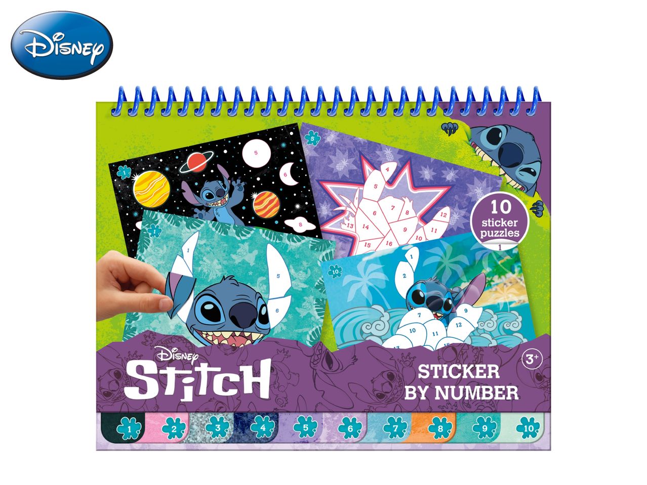 Sticker by number activity book featuring a blue alien character, with 10 sticker puzzles.