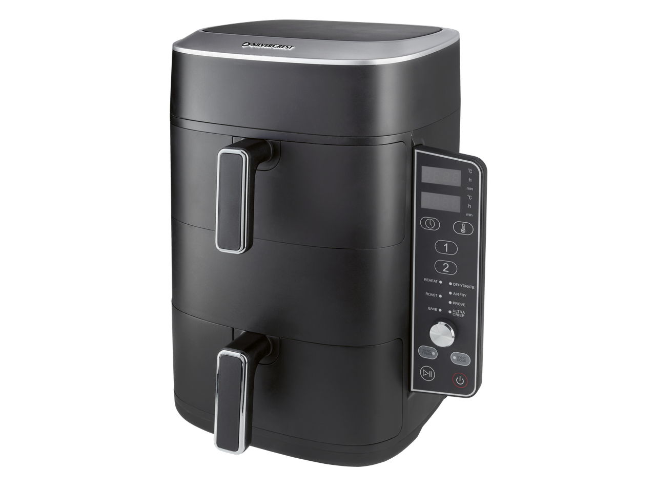Black dual-basket air fryer with digital display and control panel
